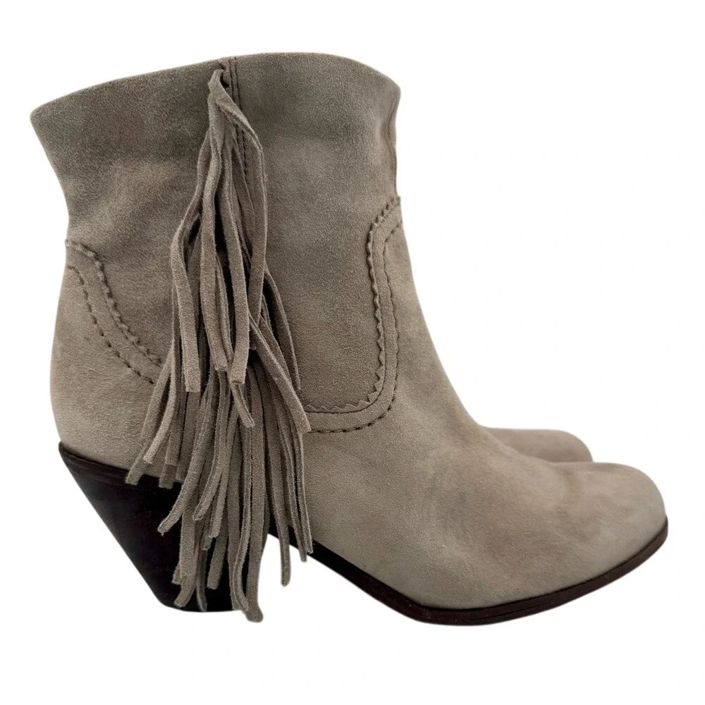 Sam Edelman Taupe Suede Fringe Ankle Booties Stacked Heel Women's 8, EUC‎